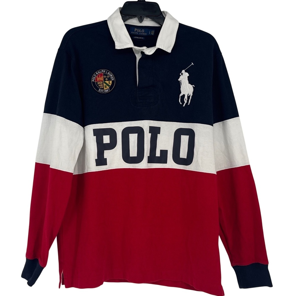Polo Ralph Lauren Custom Slim Fit Men Rugby Shirt Large Navy Red White Big Pony